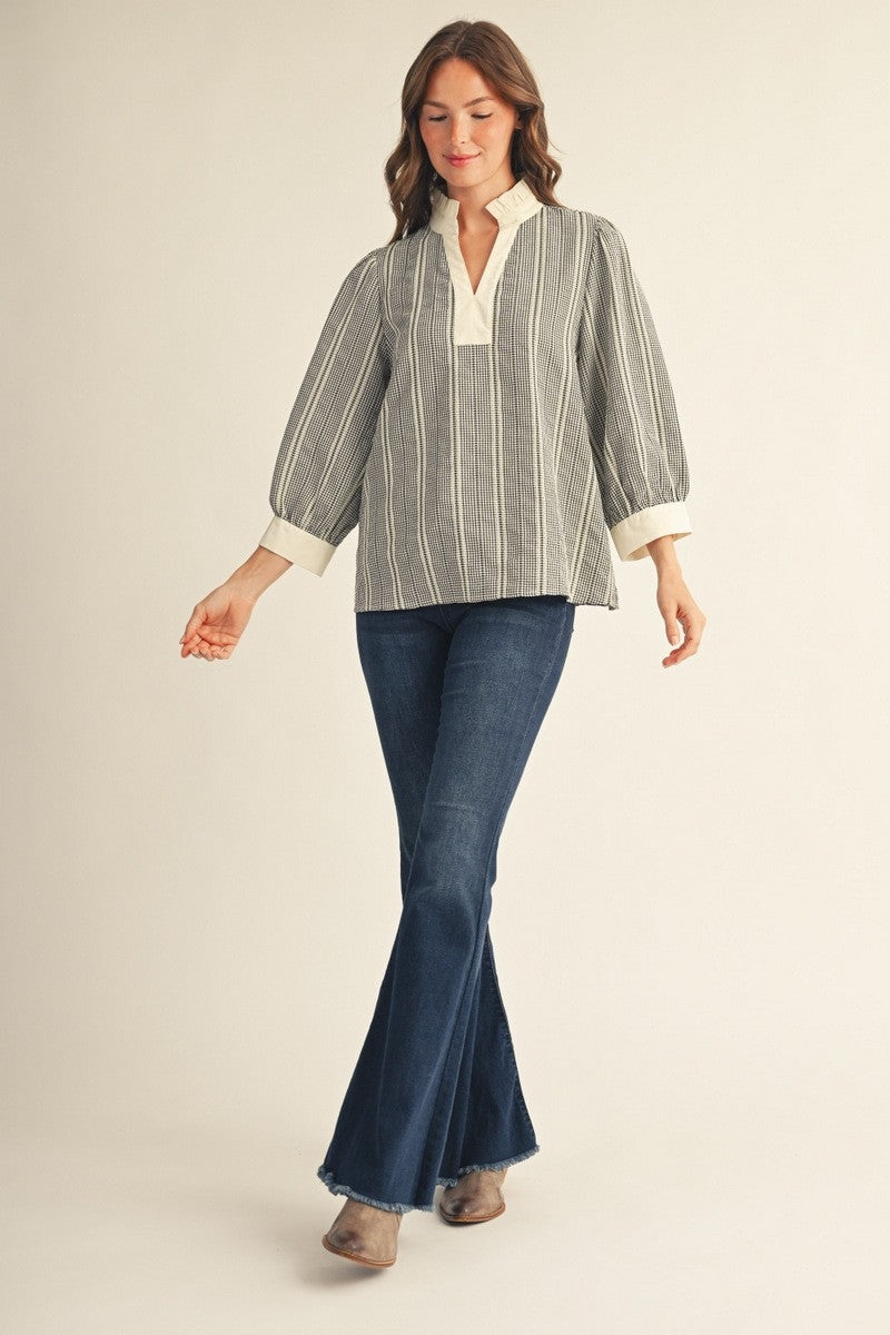 3/4 Puff Sleeve Gingham Top with Contrast Ruffle Neckline