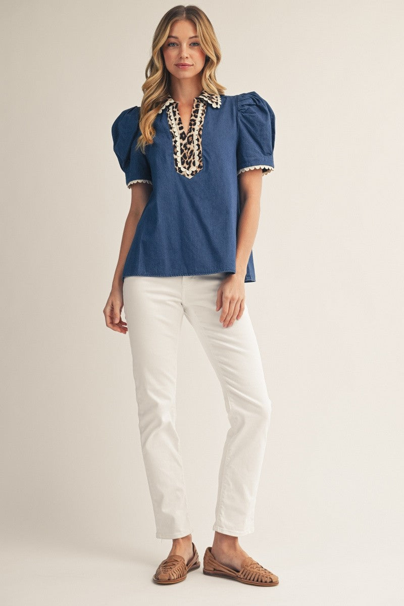 Denim Top with Leopard Accent