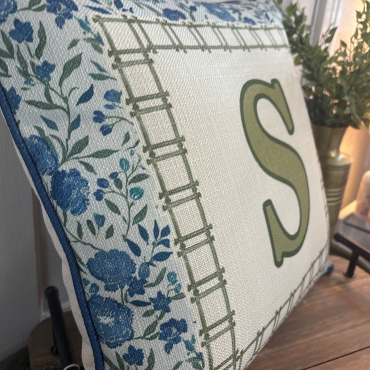 Blue and Green Floral Initial Pillow
