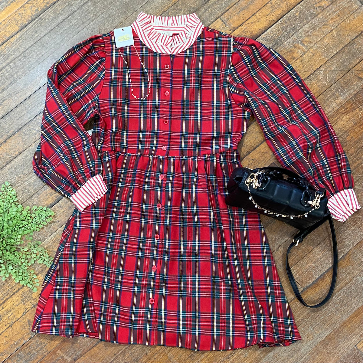 Festive Plaid Stripe Collar Dress