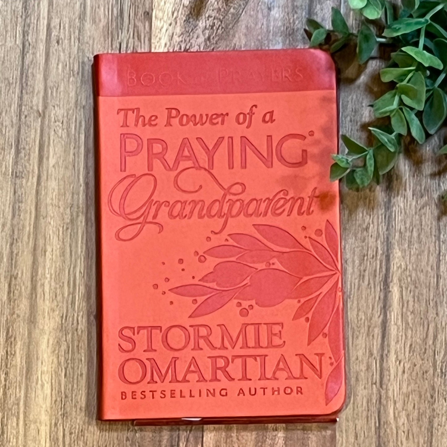 Red book titled 'The Power of a Praying Grandparent' by Stormie Omartian on a wooden surface with greenery.