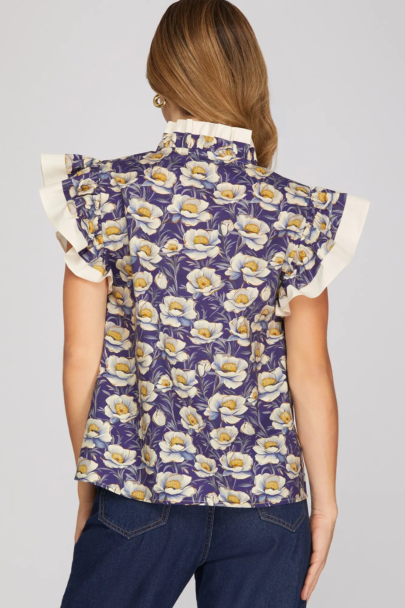 Ruffle Sleeve & Ruffle Neck Printed Top