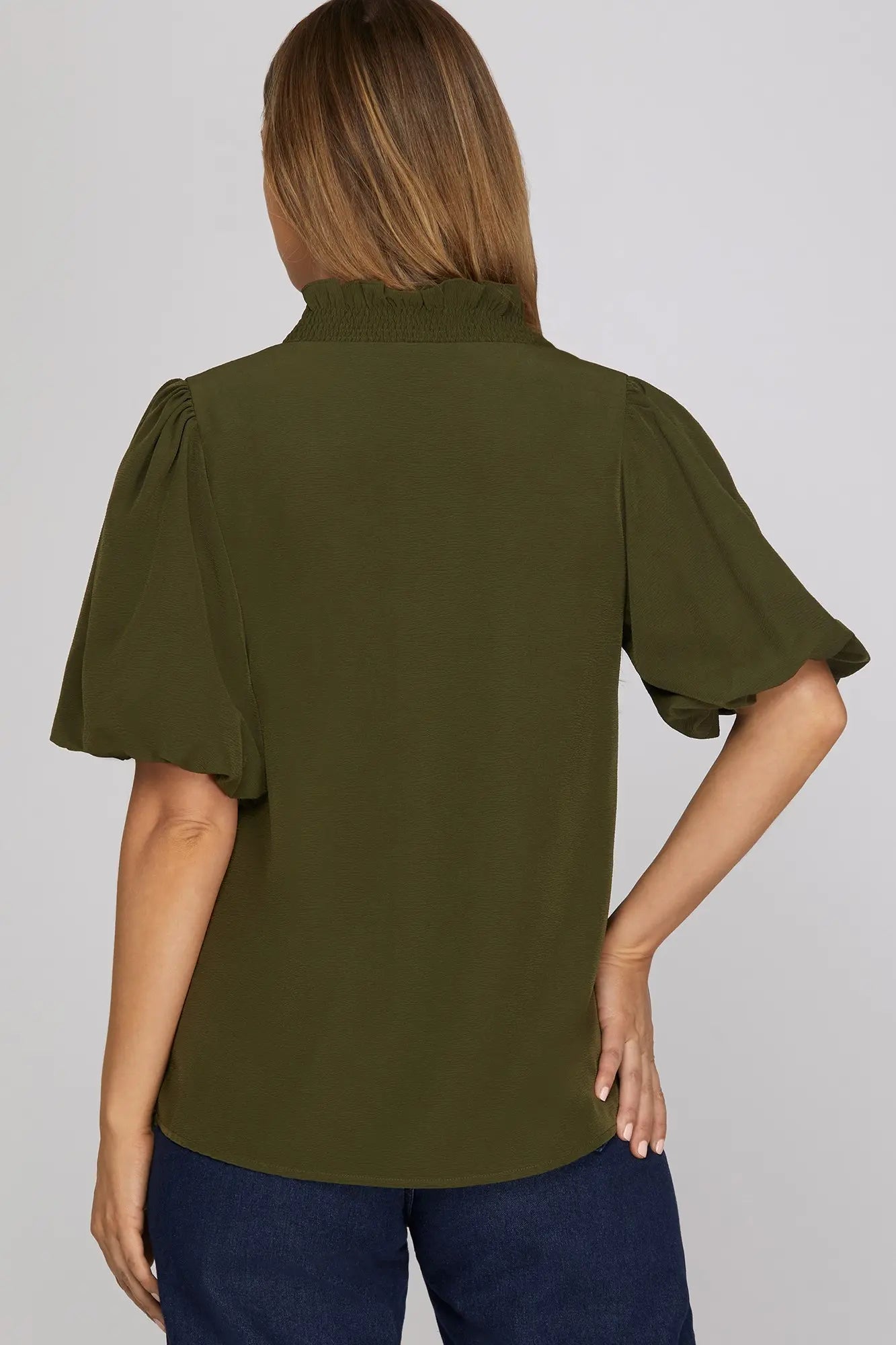 Bubble Sleeve Smocked Neck Top