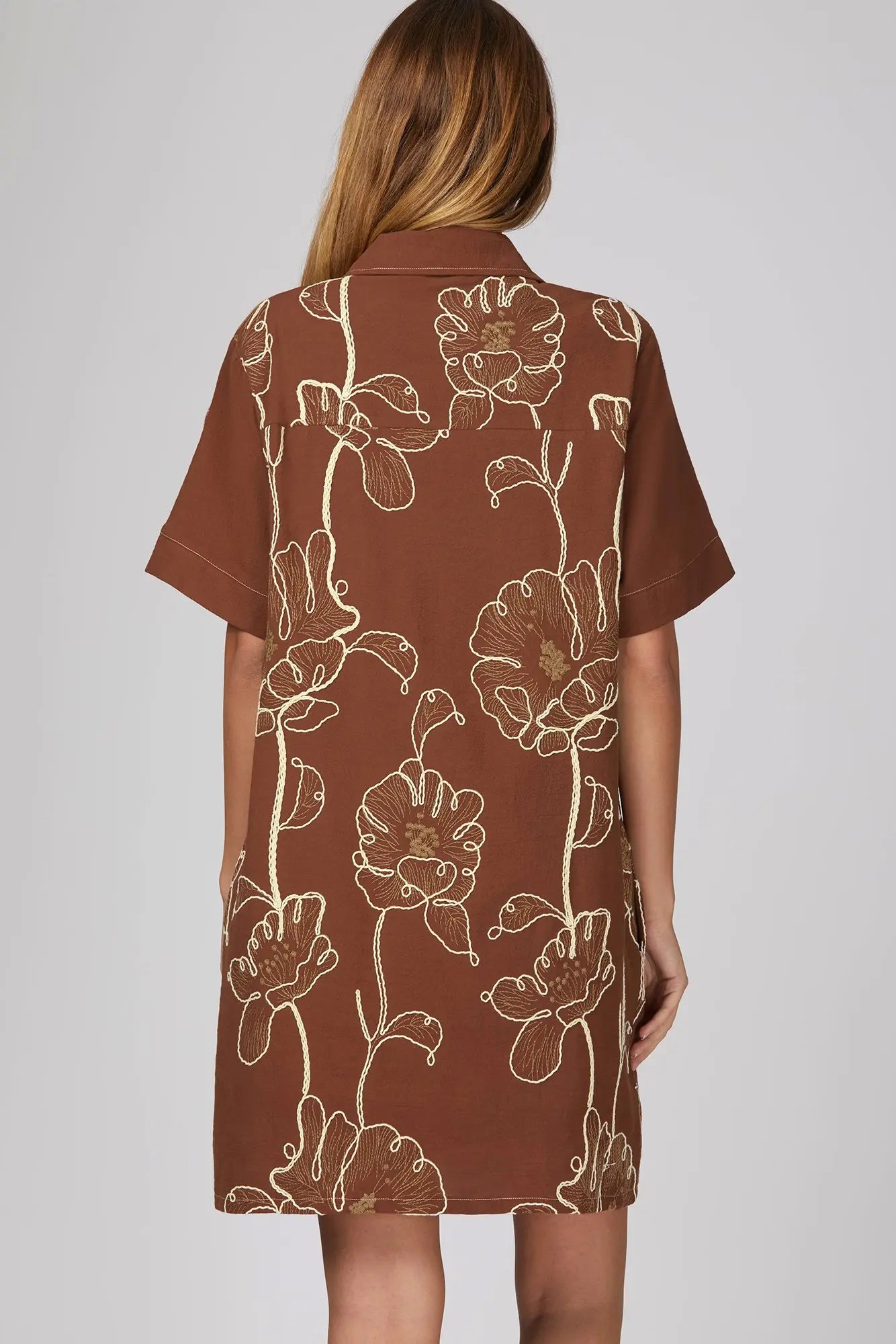 Short Sleeve Woven Embroidered Button-Down Mini Dress