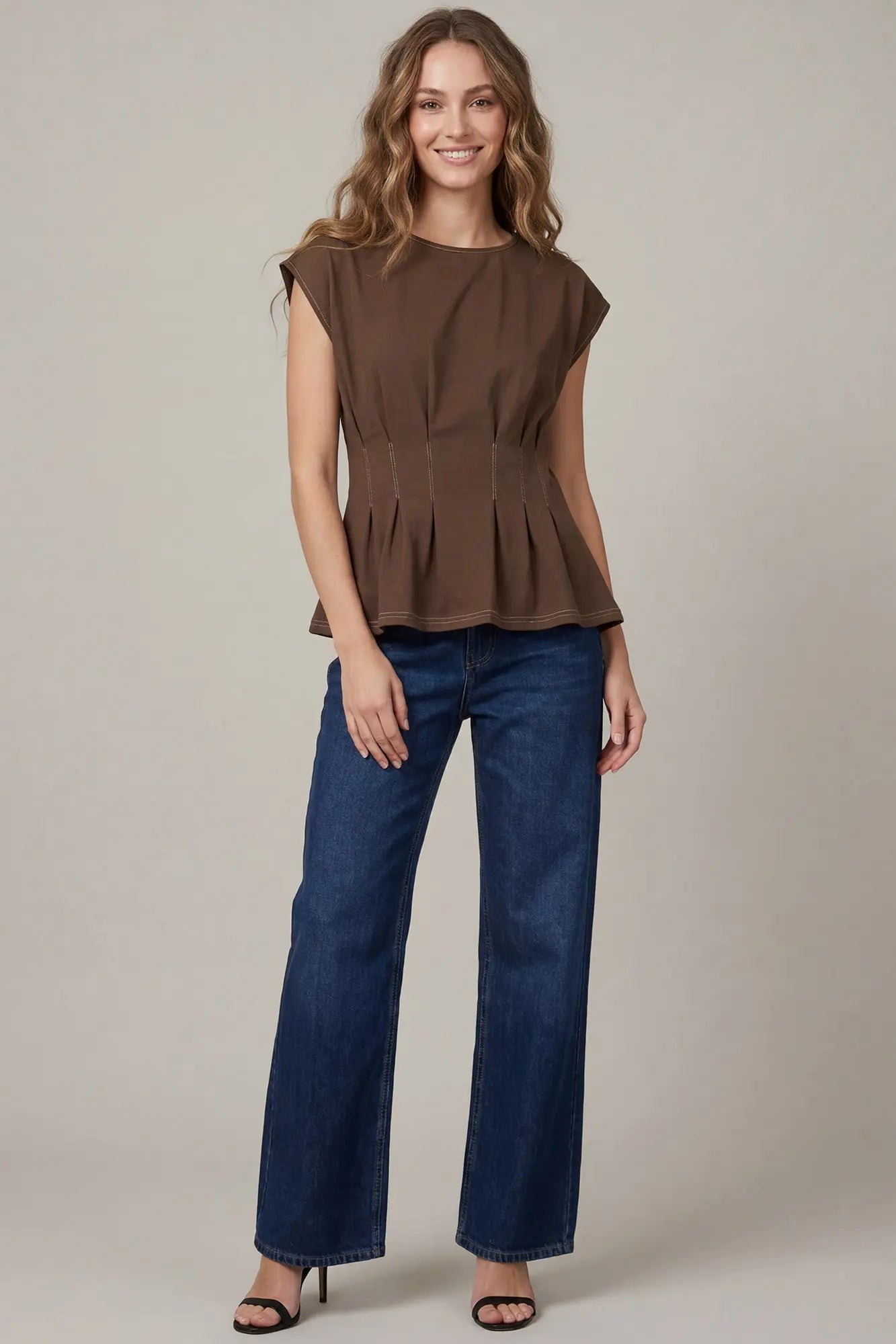 Short Sleeve Waist Pintuck Knit Top