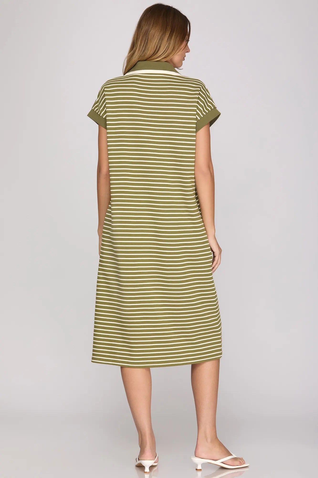 Drop Short Sleeve Striped Collared Knit Midi Dress with Pockets