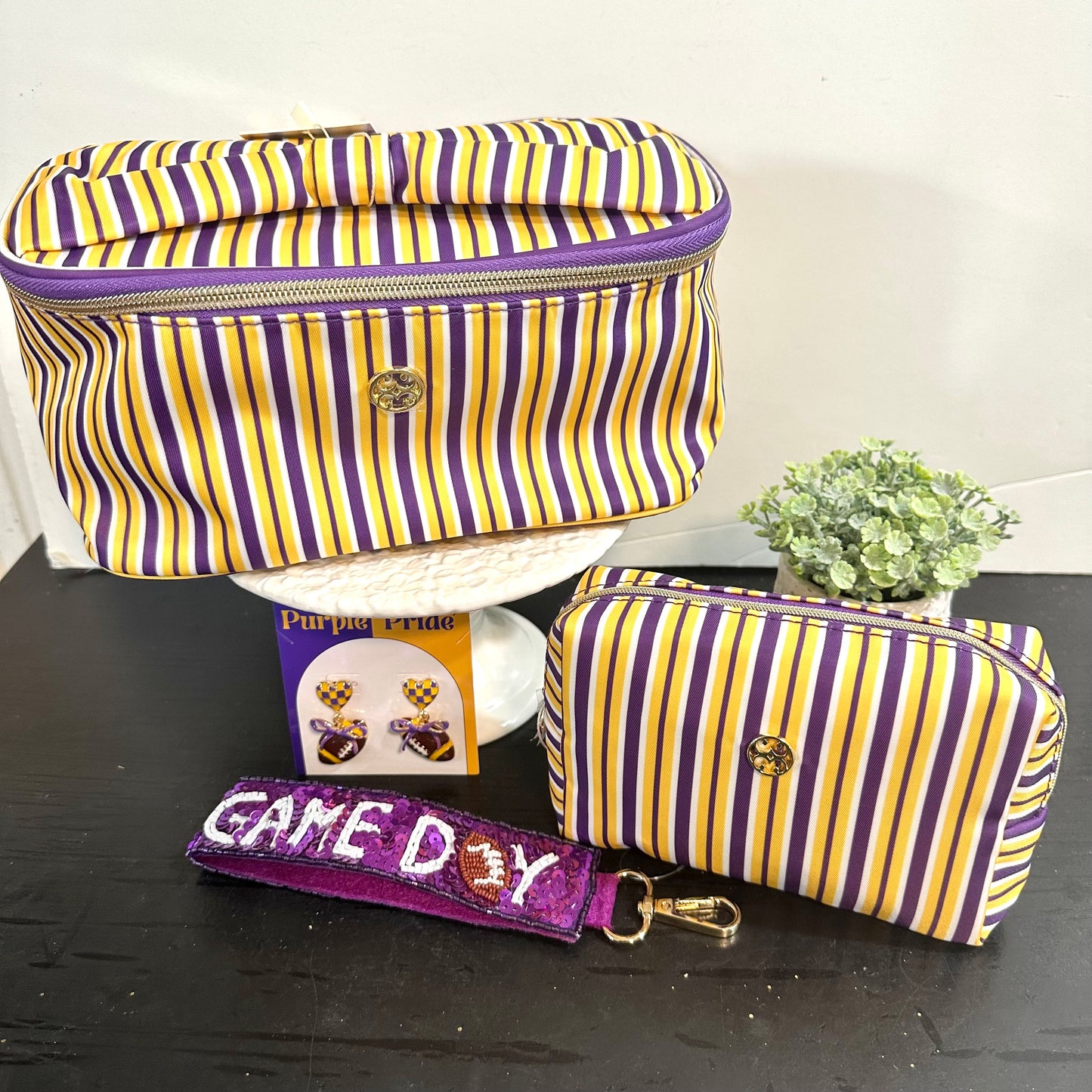 Purple & Gold Stripe Makeup Bag