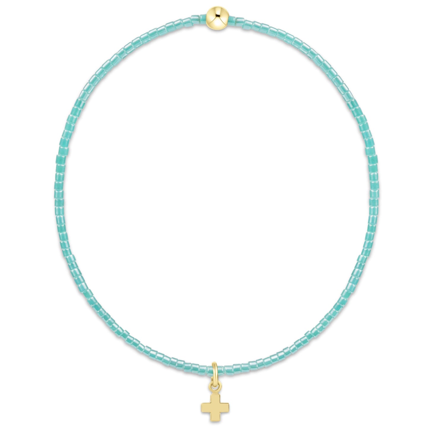 Turquoise beaded necklace with a gold cross pendant on a white background