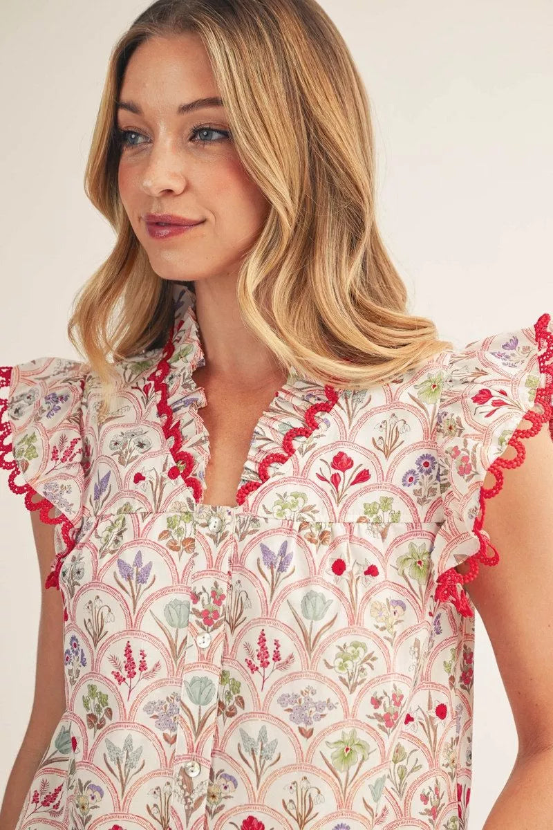 Red Trim Floral Top