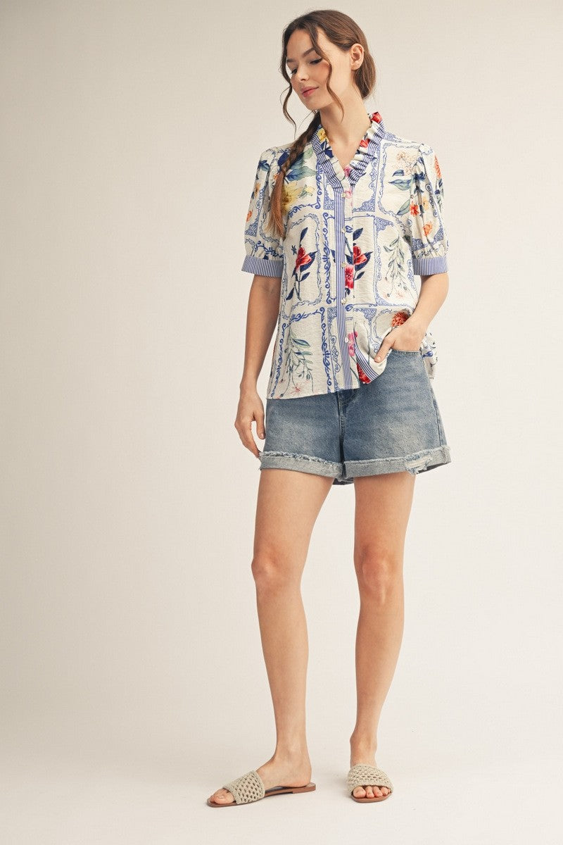 Blue Floral Button Down Top