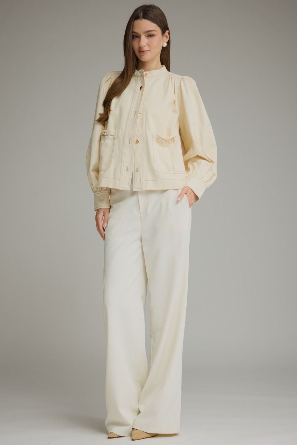 Ecru Puff-Sleeve Denim Jacket with Button Front