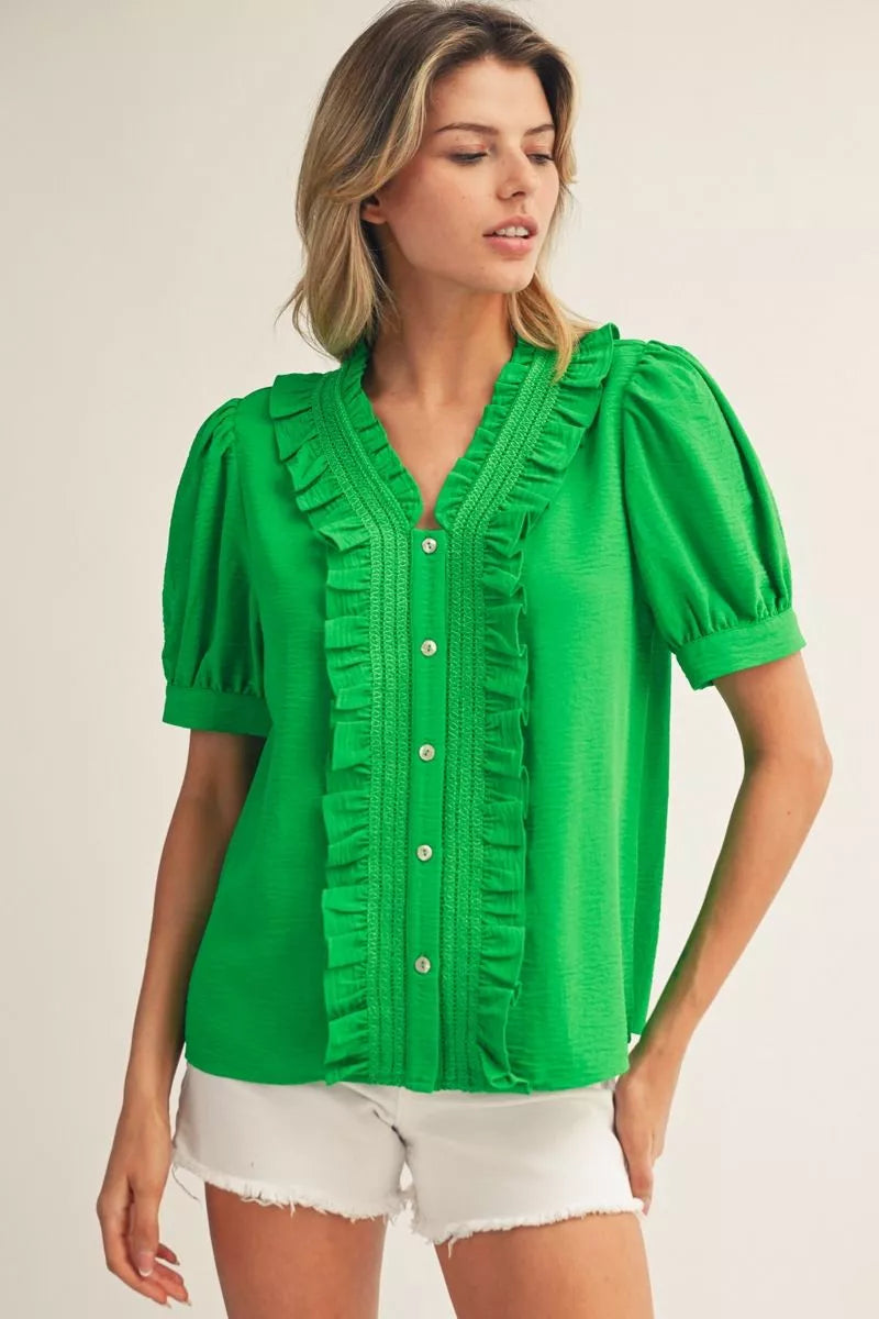Green Ruffle Detail Top