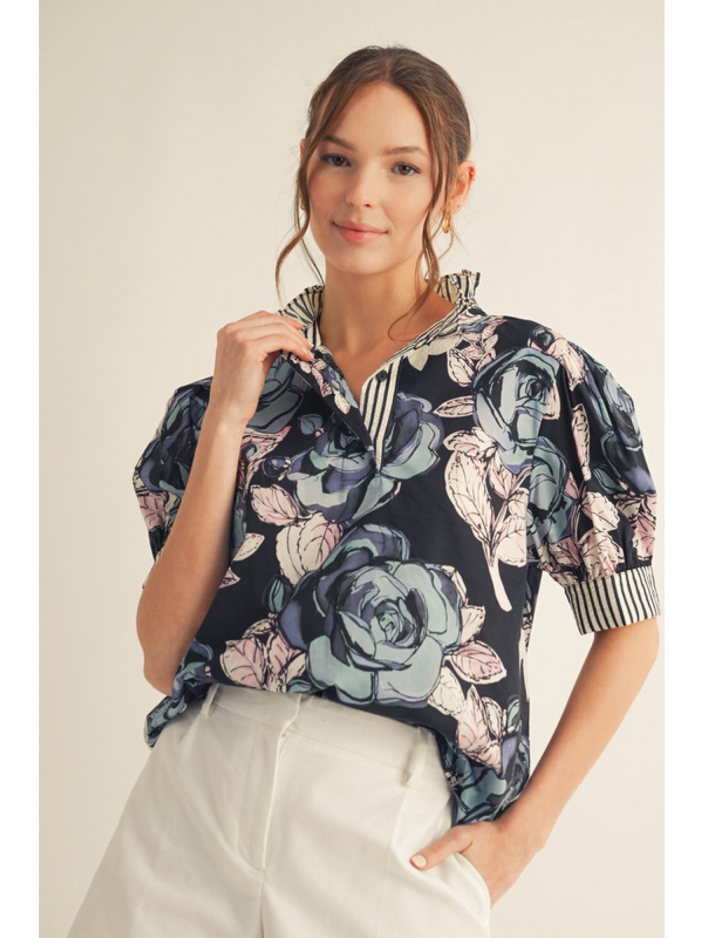 Floral and Stripe Contrast Top