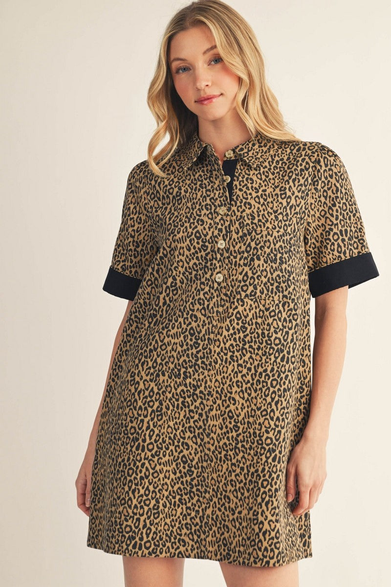 Leopard Print Button-Up Dress with Contrast Cuff Sleeves