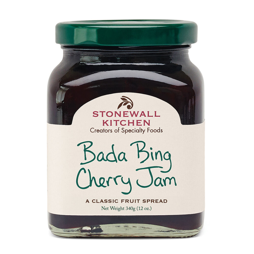 Jar of Stonewall Kitchen Bada Bing Cherry Jam on a white background