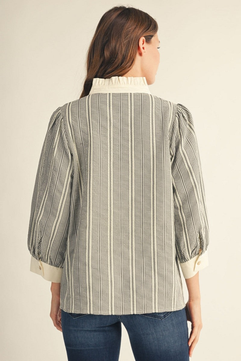 3/4 Puff Sleeve Gingham Top with Contrast Ruffle Neckline