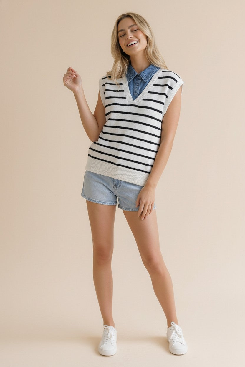 Denim Collared Sweater Vest