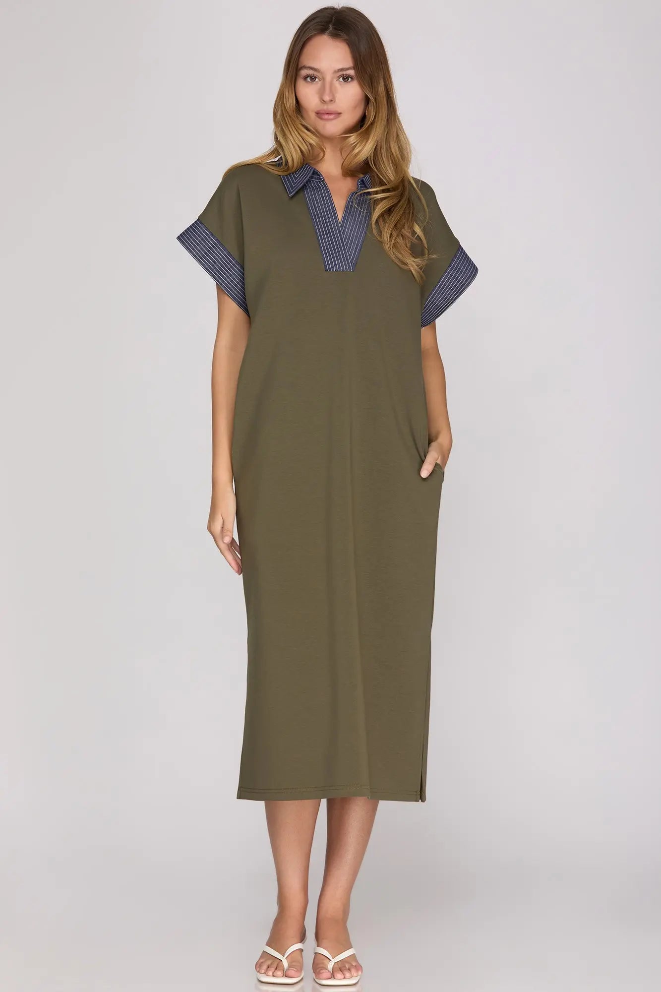 Contrast Collar Drop Shoulder Knit Midi