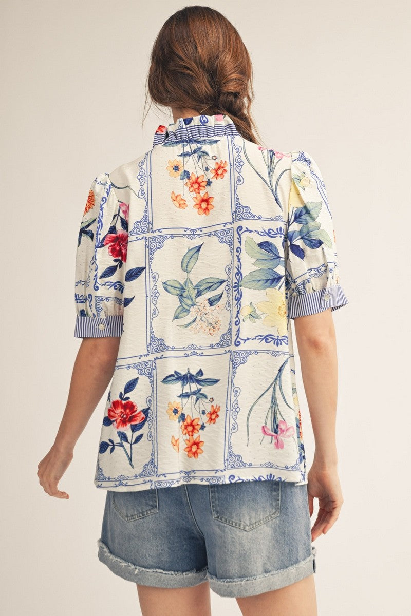 Blue Floral Button Down Top