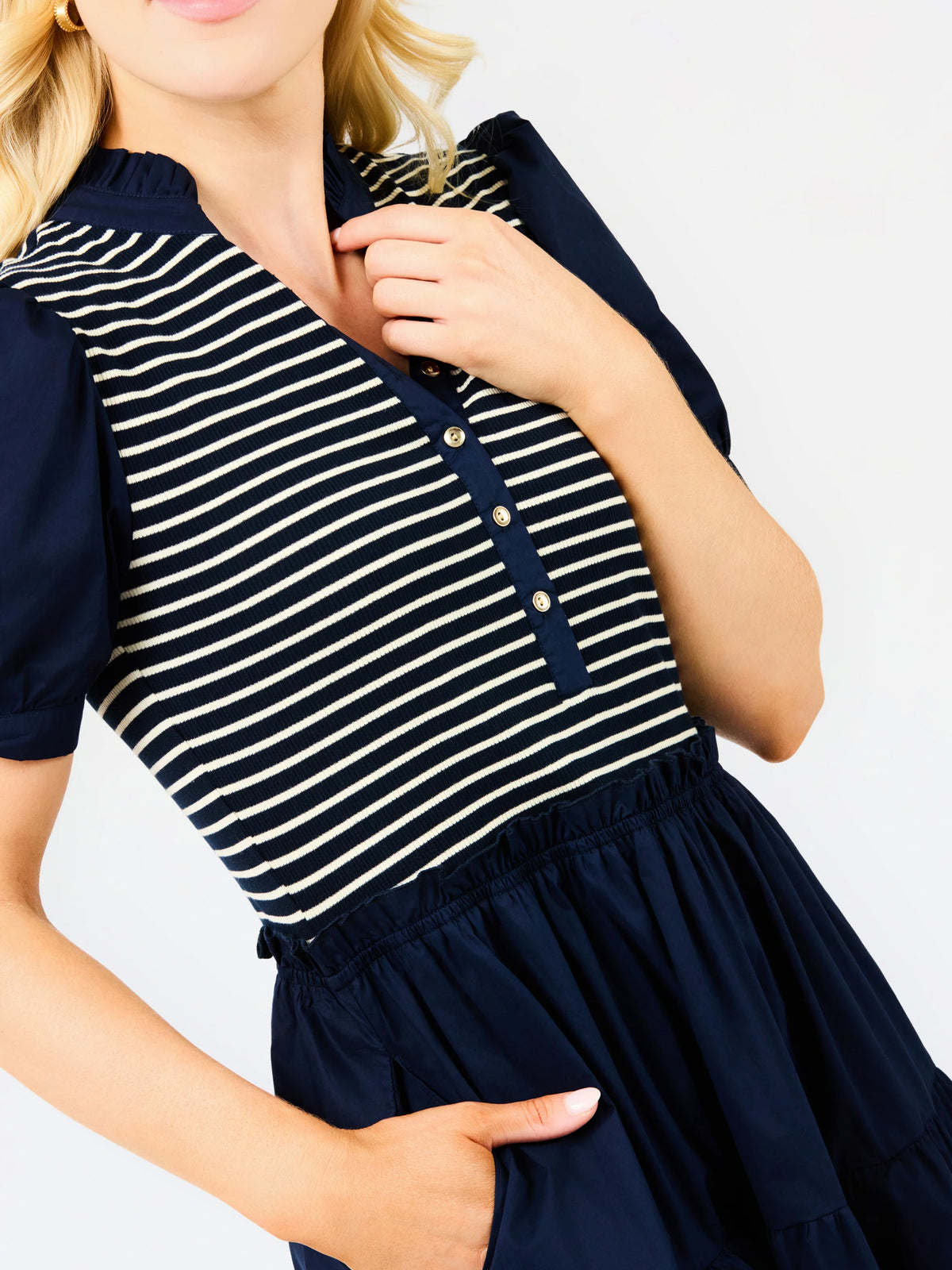 Navy Stripe Elastic Waist Puff Sleeve Midi Dress