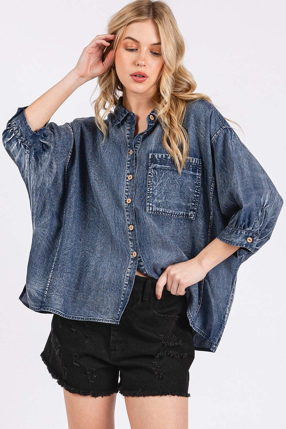 Dark Denim Chambray Button-Down Top
