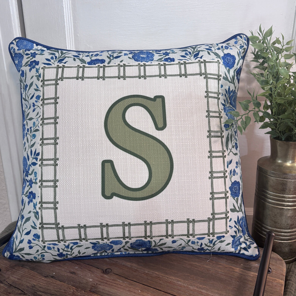 Blue and Green Floral Initial Pillow
