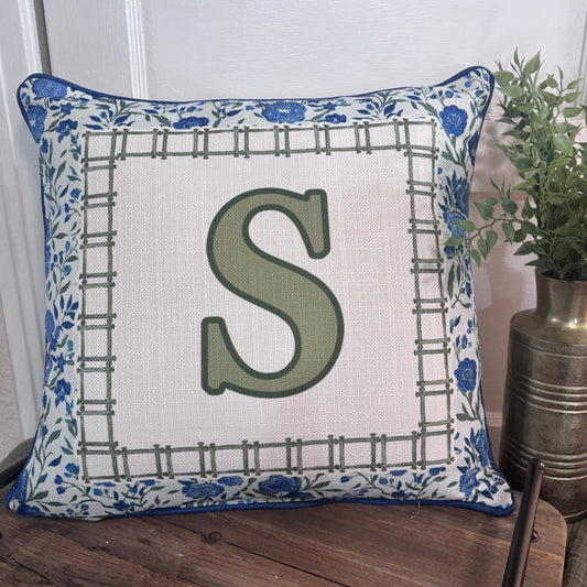 Blue and Green Floral Initial Pillow