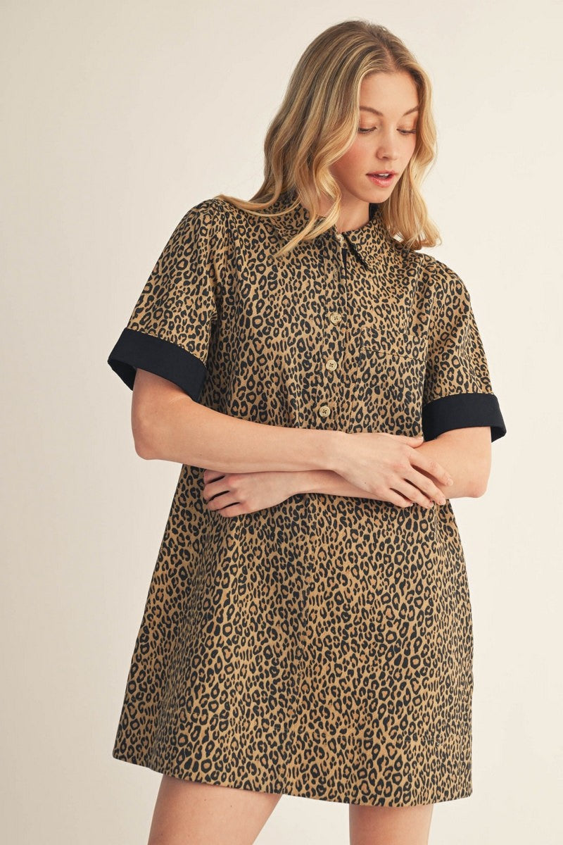 Leopard Print Button-Up Dress with Contrast Cuff Sleeves