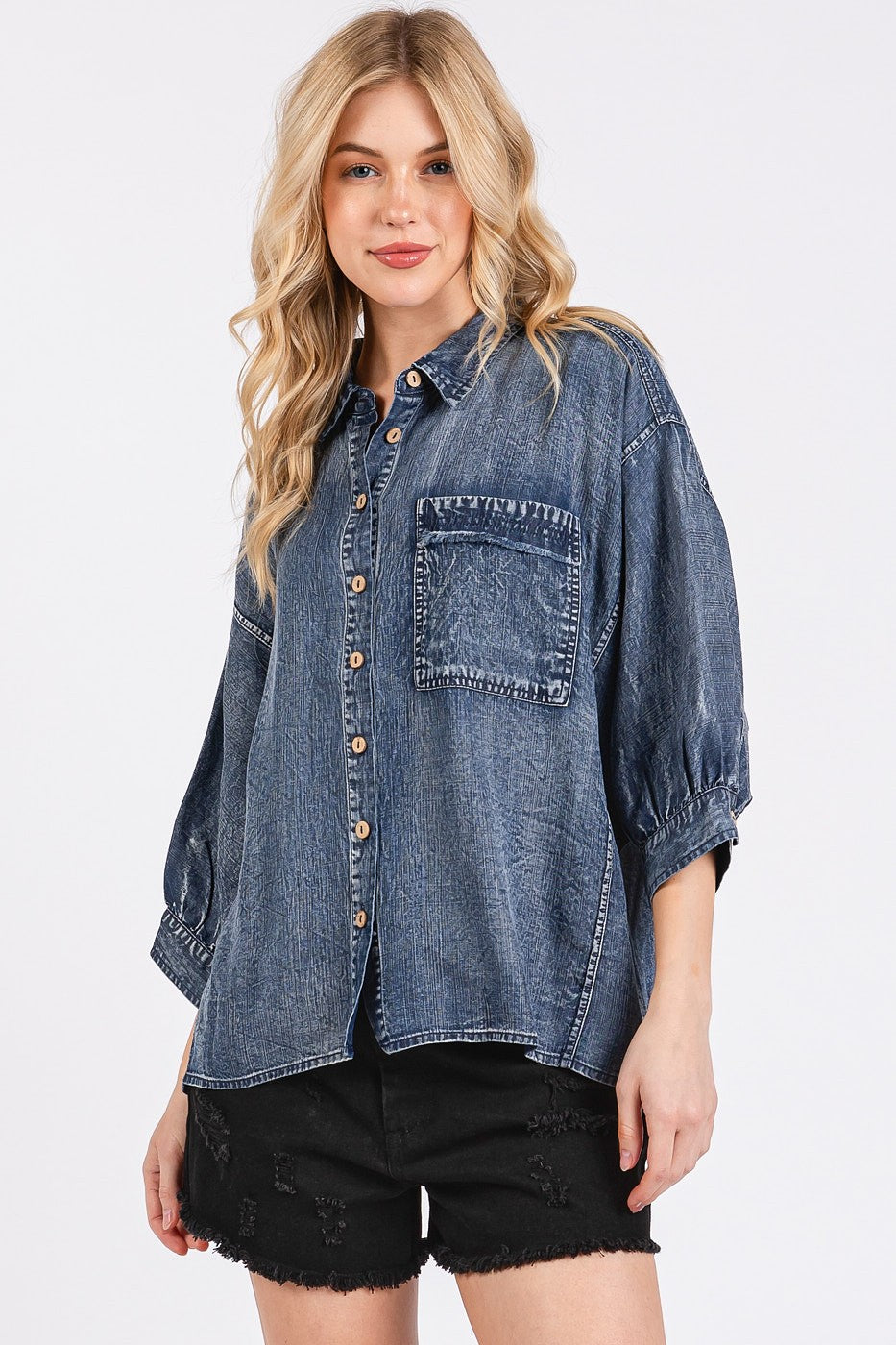 Dark Denim Chambray Button-Down Top