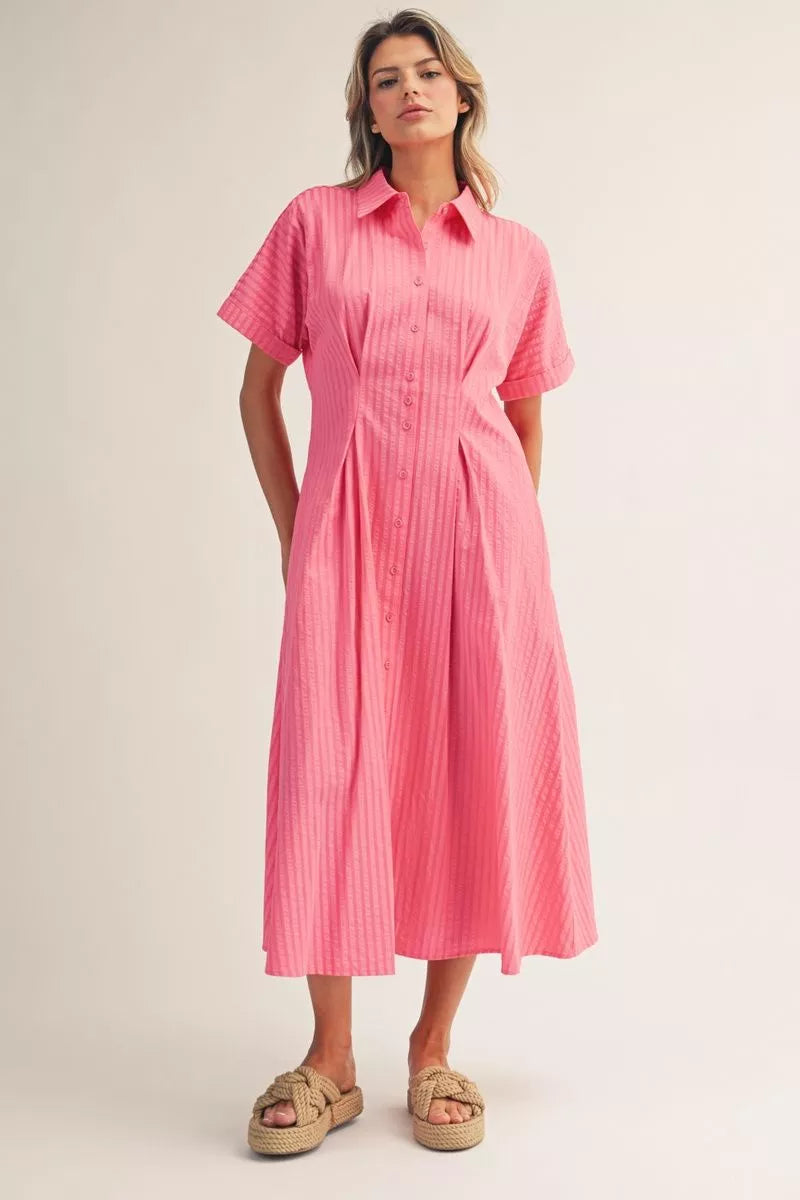 Button Down Pleat Midi Dress
