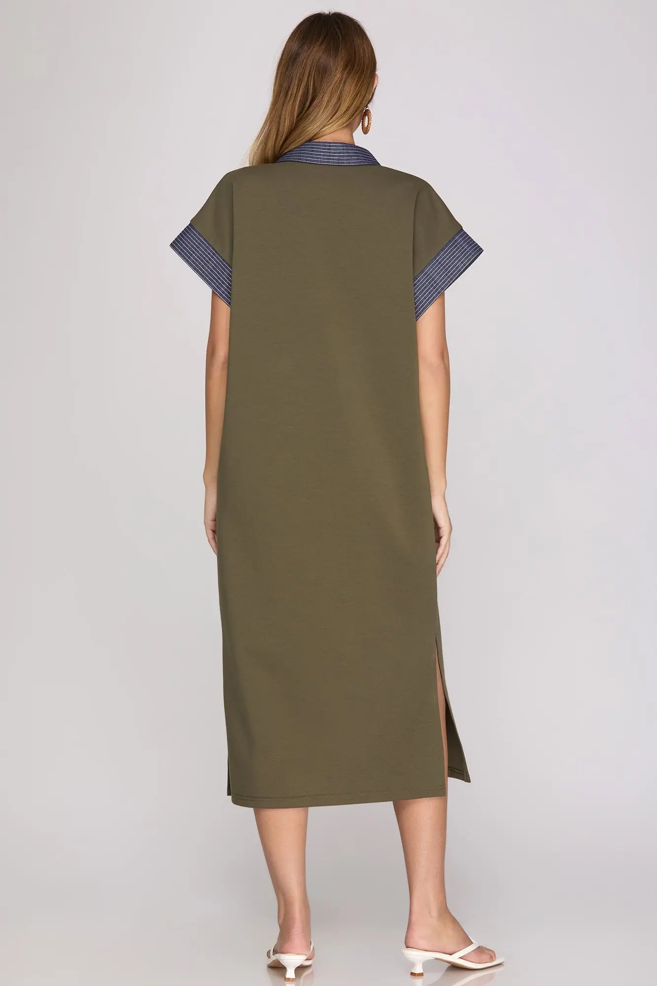 Contrast Collar Drop Shoulder Knit Midi