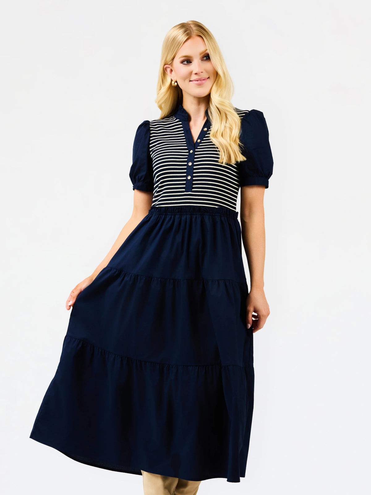 Navy Stripe Elastic Waist Puff Sleeve Midi Dress