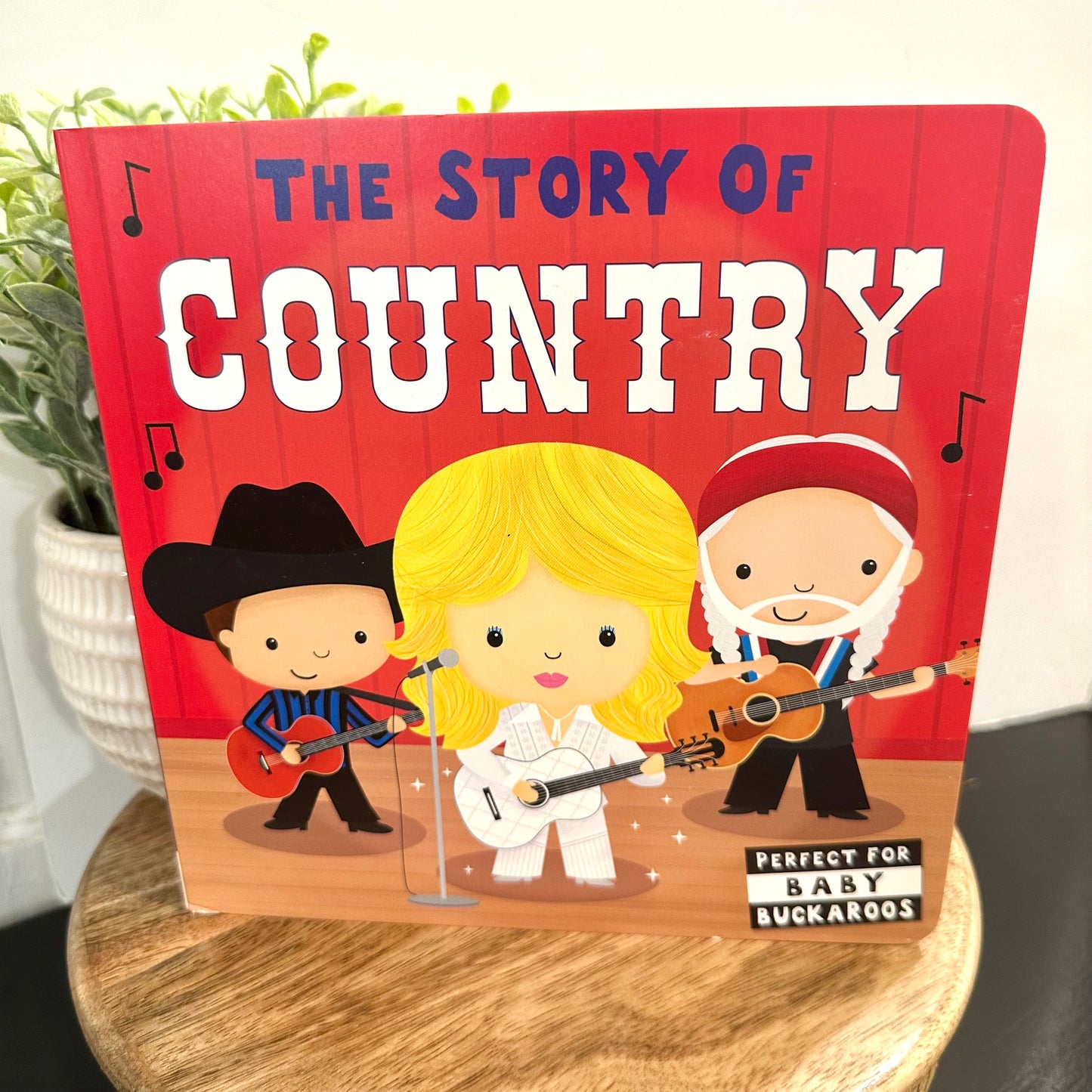 Children's book titled 'The Story of Country' with cartoon characters on a wooden surface.