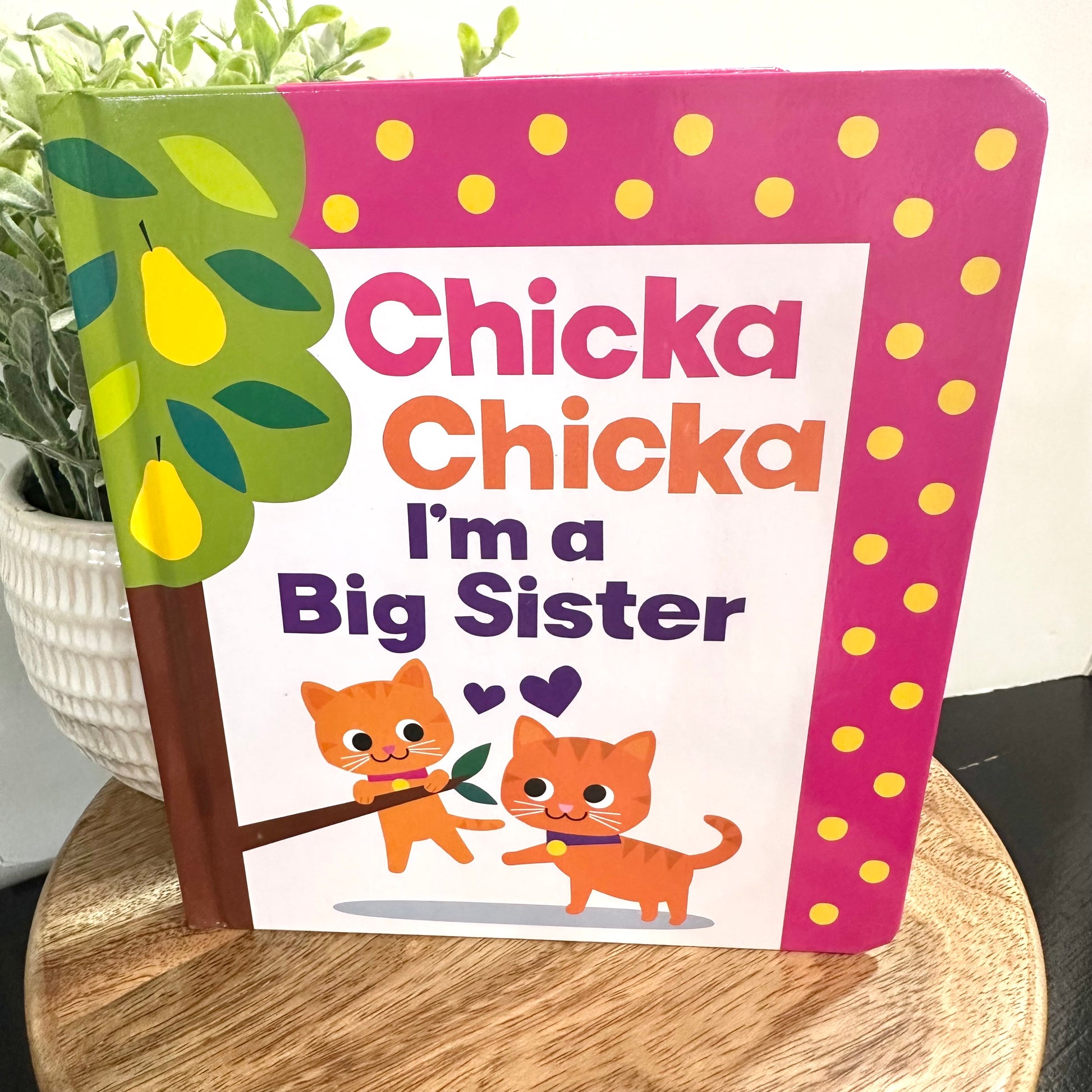 Children's book titled 'Chicka Chicka I'm a Big Sister' on a wooden surface with a plant in the background.