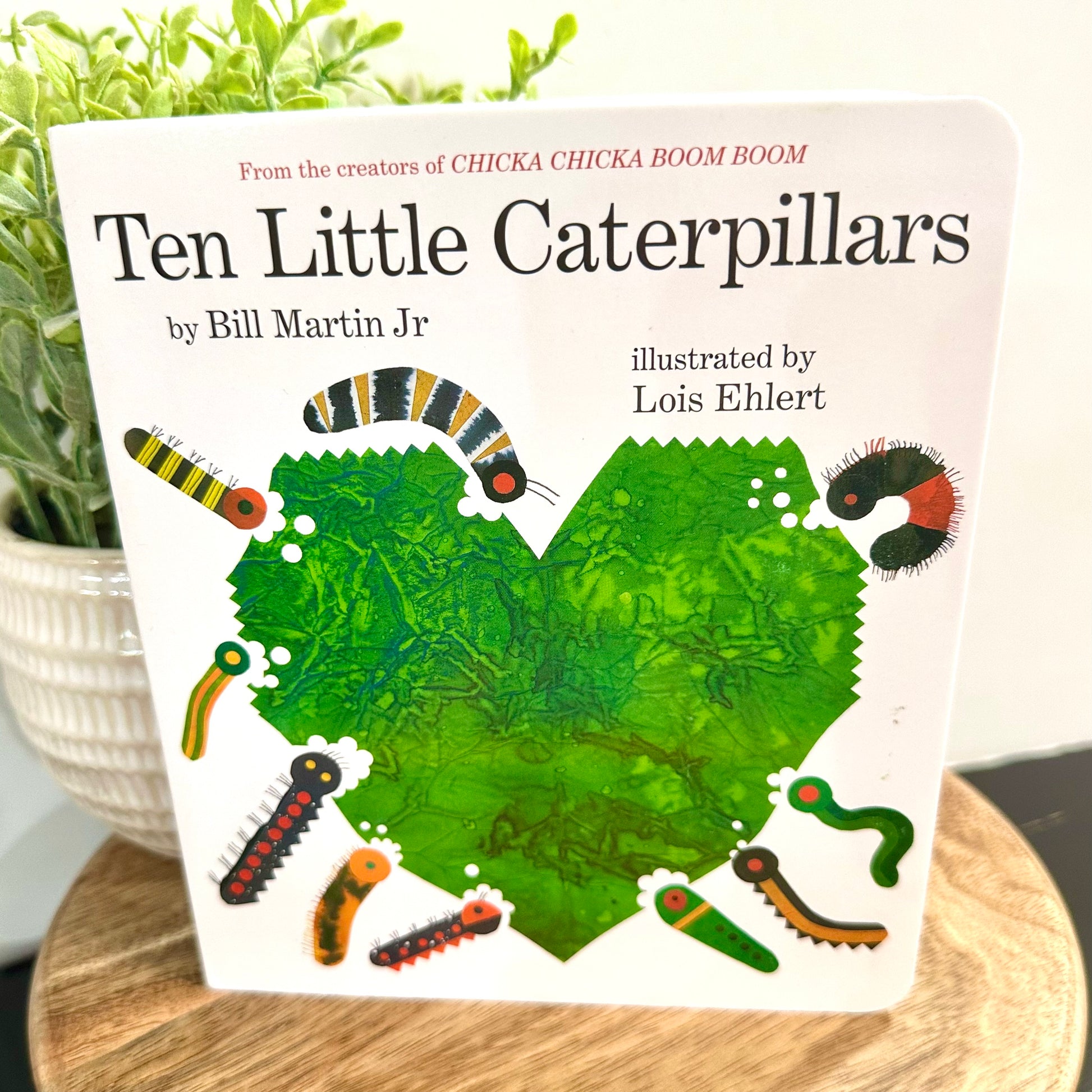 Book titled 'Ten Little Caterpillars' by Bill Martin Jr. on a wooden surface with a plant in the background.