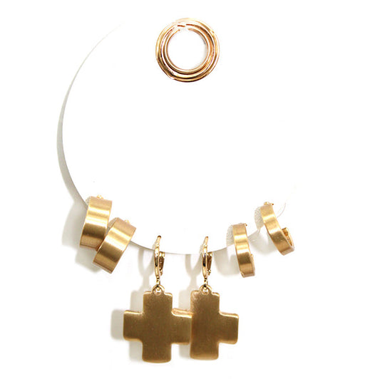 Set of 3 Huggie Hoop & Cross Earrings