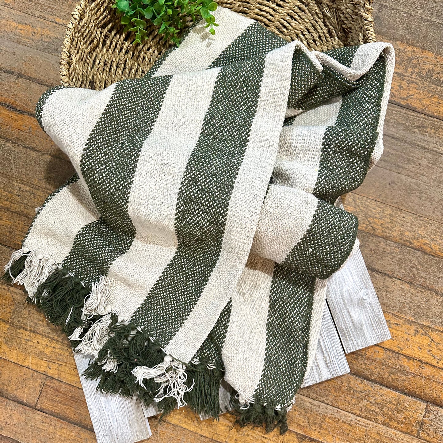 Natural and Green Striped Throw Blanket