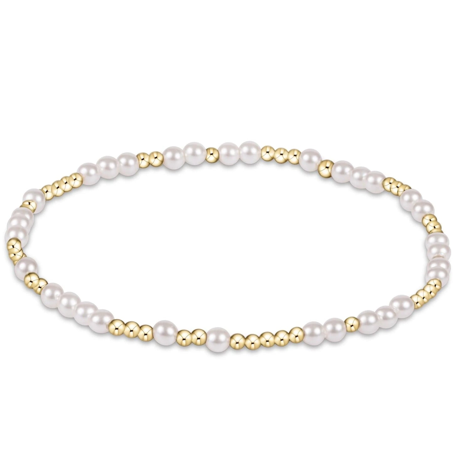 Pearl and gold beaded bracelet on a white background