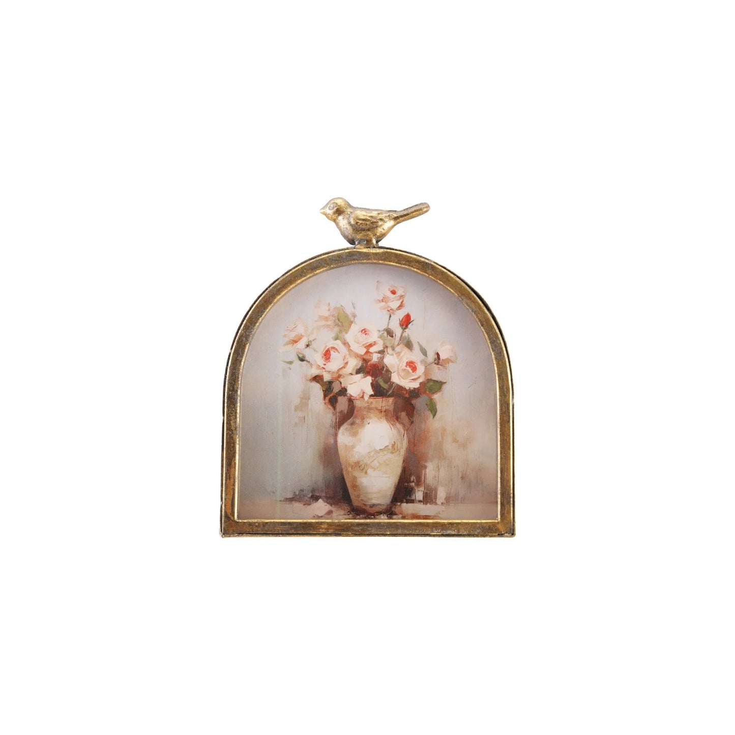 Decorative wall art with a vase of flowers and a bird on a white background