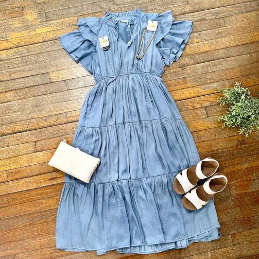 Blue Ruffle Sleeve Tier Dress