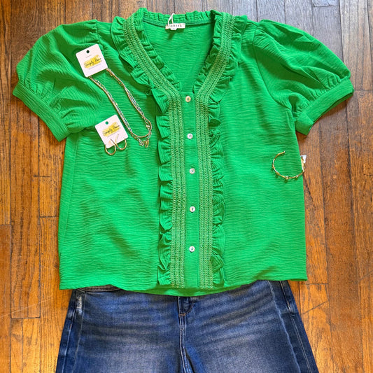 Green Ruffle Detail Top