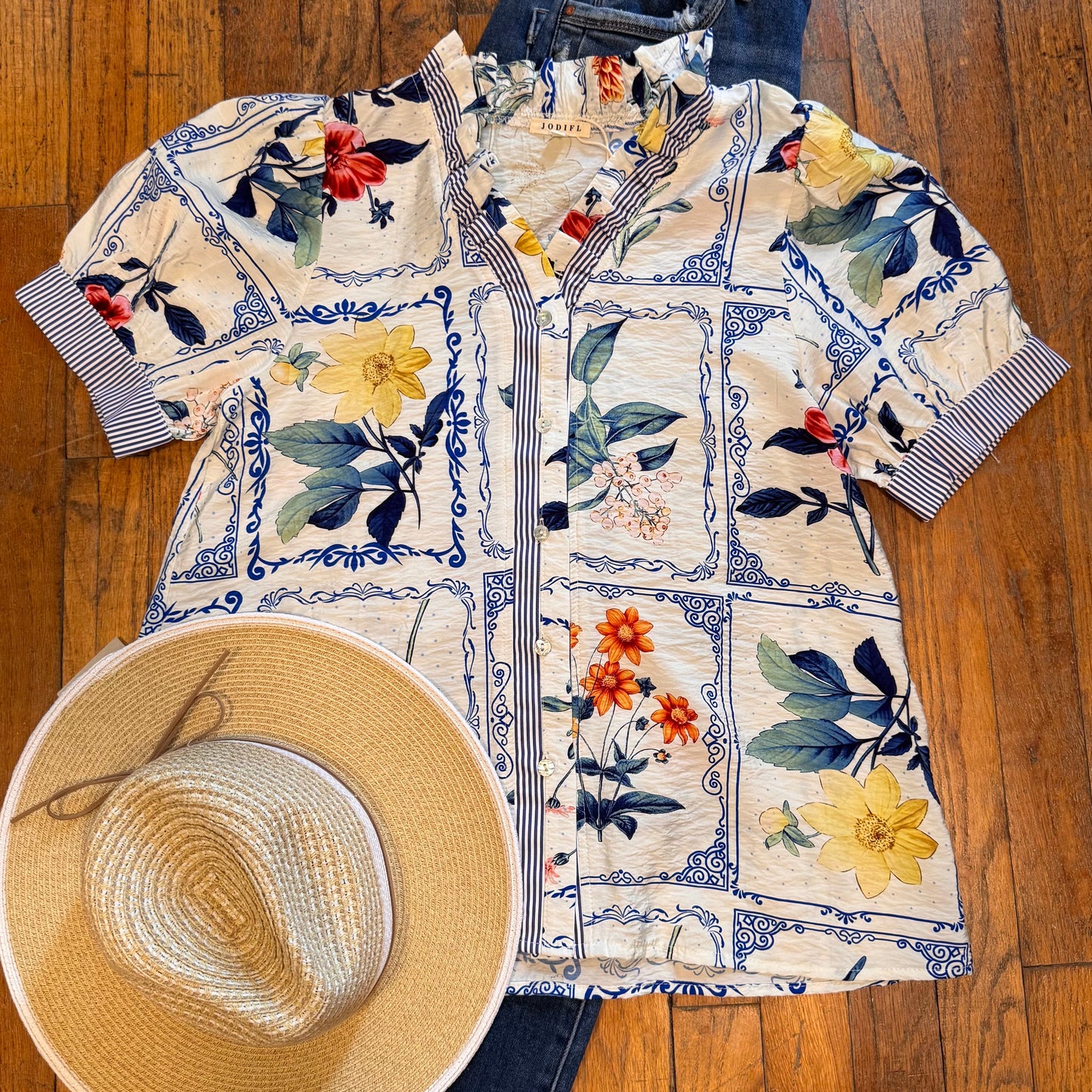 Blue Floral Button Down Top
