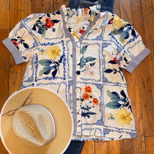 Blue Floral Button Down Top