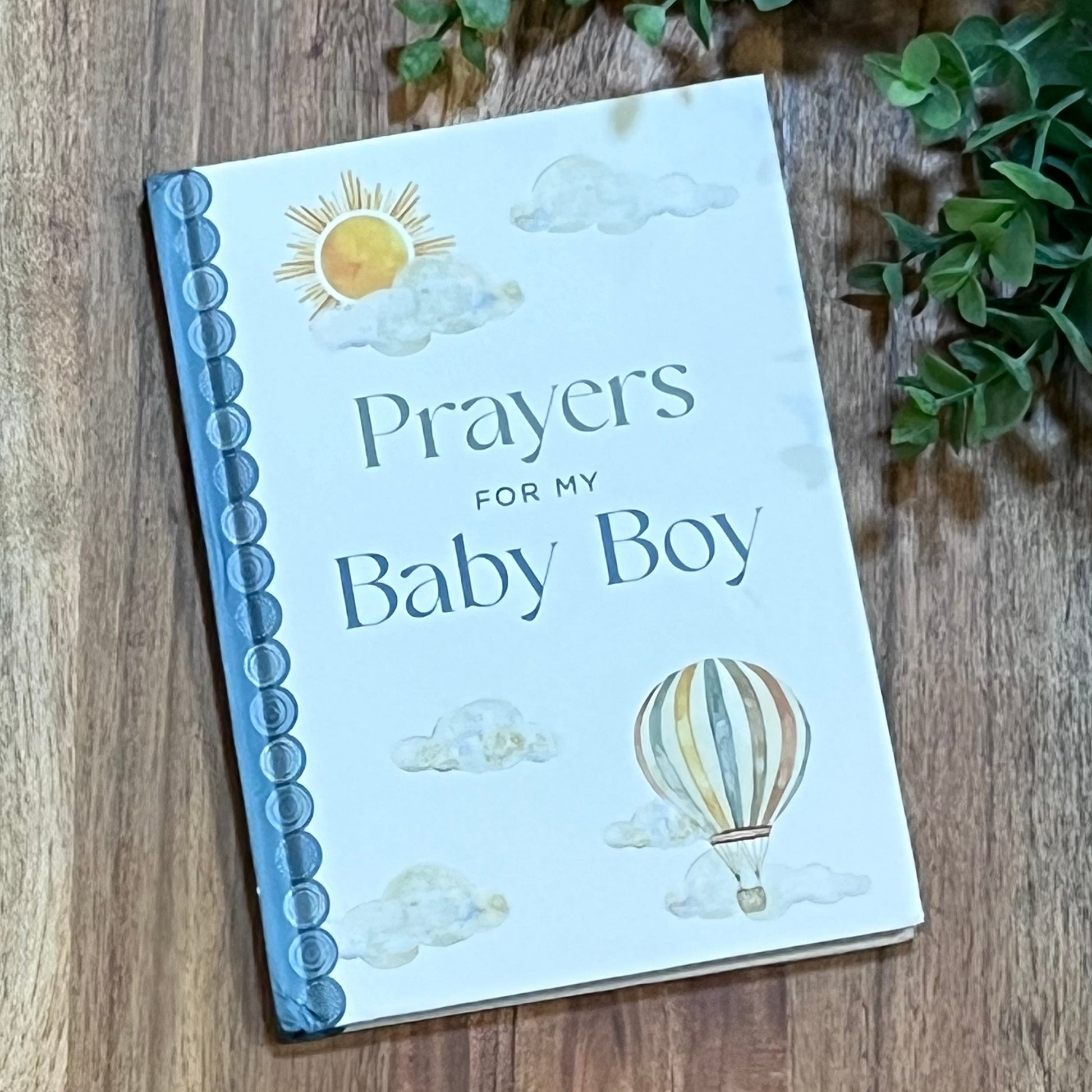 Book titled 'Prayers for my Baby Boy' on a wooden surface with a plant in the background