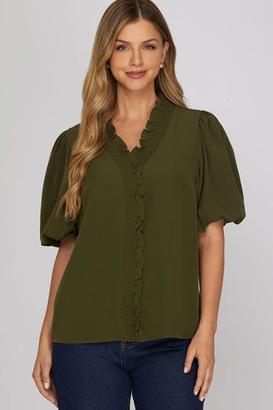 Bubble Sleeve Smocked Neck Top
