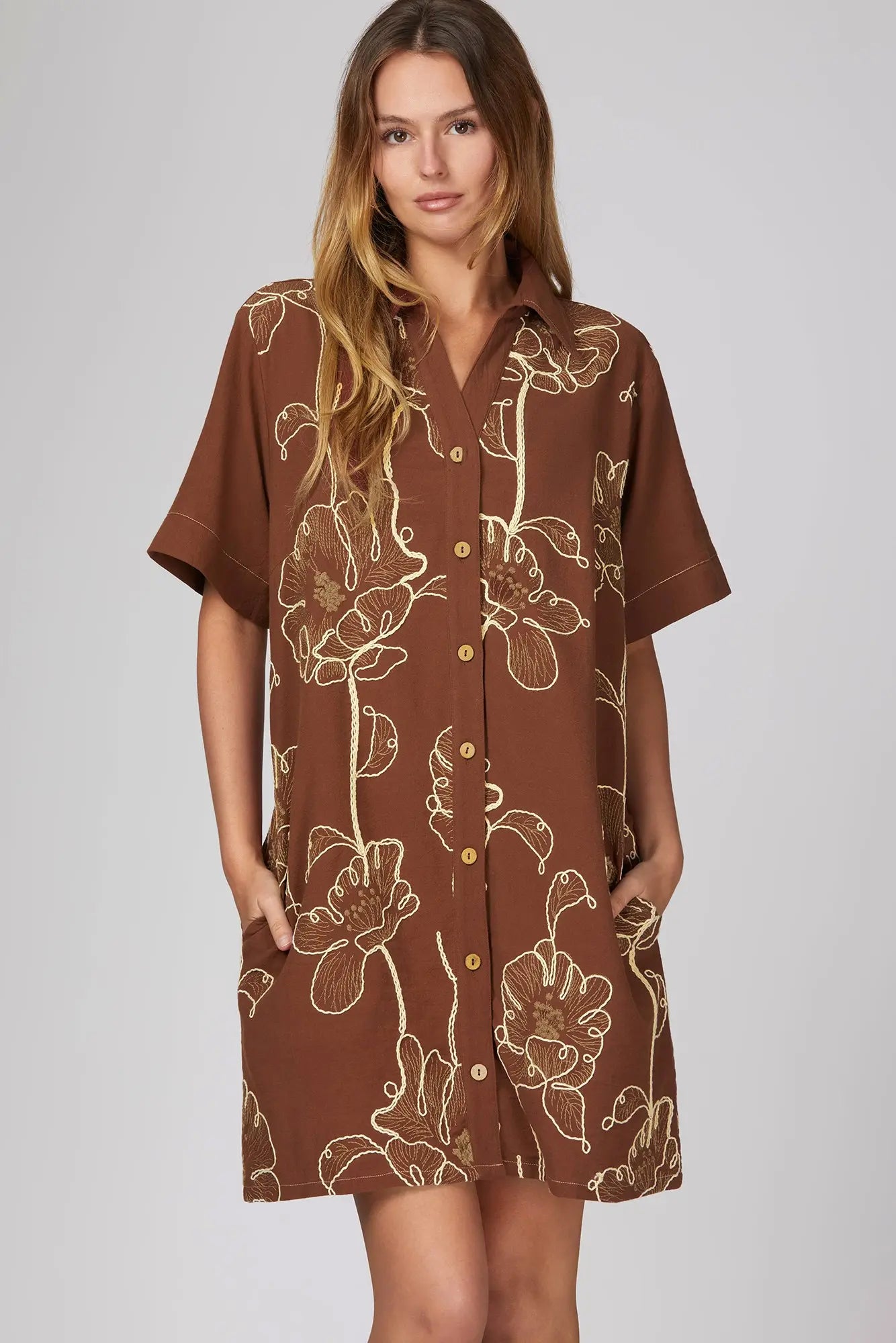 Short Sleeve Woven Embroidered Button-Down Mini Dress
