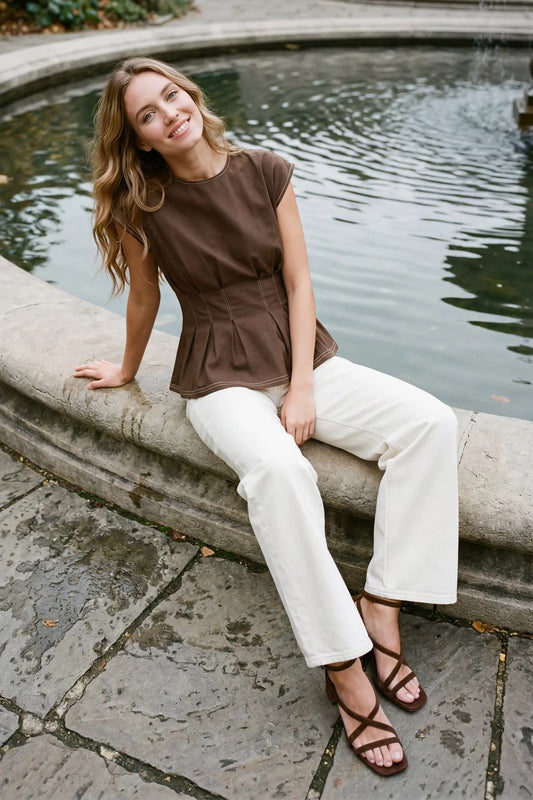 Short Sleeve Waist Pintuck Knit Top