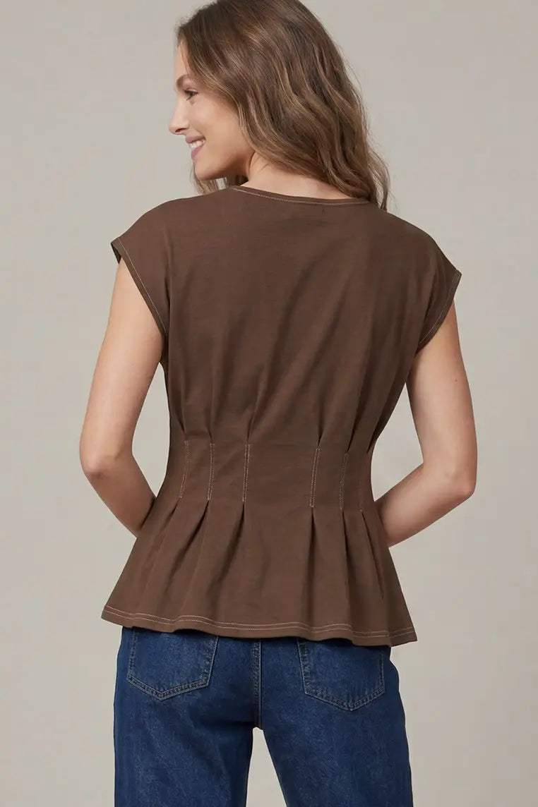 Short Sleeve Waist Pintuck Knit Top
