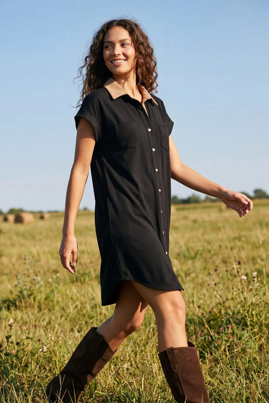 Short Sleeve Contrast Collar Button-Down Suede Mini Shirt Dress