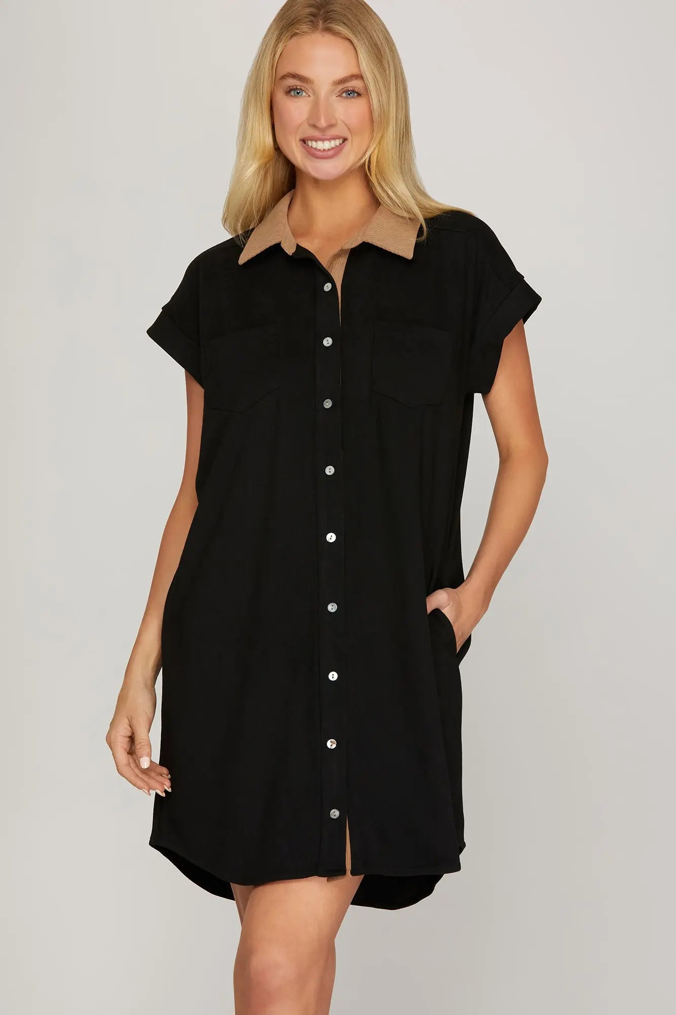 Short Sleeve Contrast Collar Button-Down Suede Mini Shirt Dress